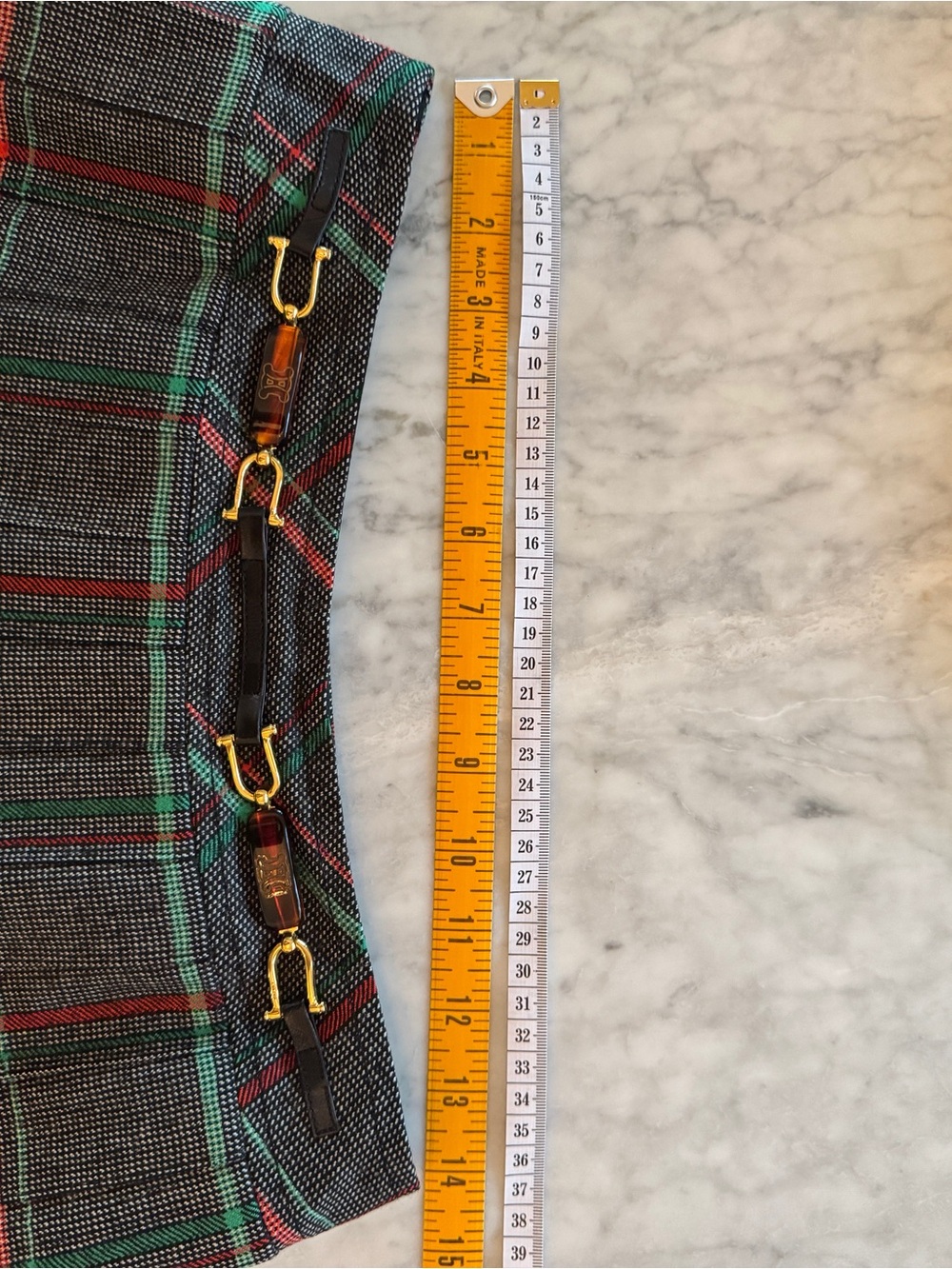 Celine Paris Vintage Wool Plaid Pleated Skirt w/ Tortoise Gold Hardware Size 42 - Picture 6 of 12